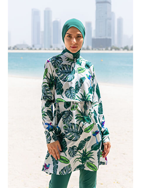 Remsa Mayo Önü Kapaklı Tam Kapalı Tesettür Mayo R111 Yeşil Yaprak Tasarım - S000259927-18194