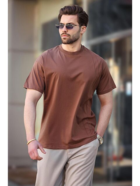 Madmext Kahverengi Overfit Erkek %100 Pamuk Tişört E7130 - S000360691-19413