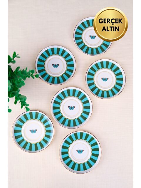 TABAK EVİ Porselen Butterfly Collection Altın Yaldızlı Çay Tabağı 11,8cm Yeşil 6 lı - S000513098-23173