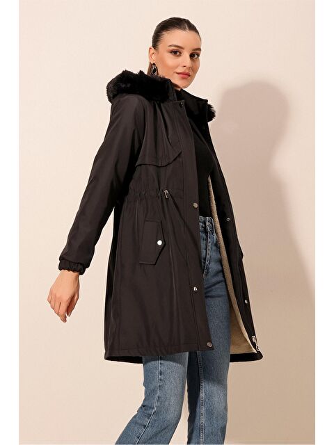 Bigdart 9129 Kapüşonlu Suni Kürklü Kaban   Siyah