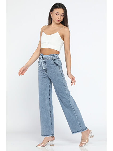 Gülseli Kuşaklı Yüksek Bel Elastanlı Paça Püsküllü Kadın Palazzo Pantolon - S000299959-3642