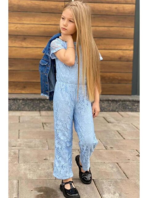 Riccotarz Kız Çocuk Boydan Üzeri Dantel İşlemeli Şeffaf Tül İçi Astarlı Mavi Tulum - S000446501-17234