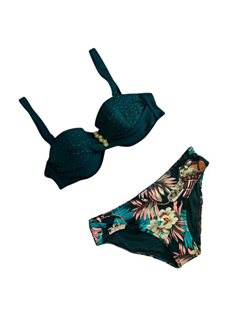 Hazelin Kadın Zümrüt Yeşil Taş İşlemeli Aksesuar Detaylı Astarlı Bikini Takımı HZL25S-LC4005 - S000407939-18709