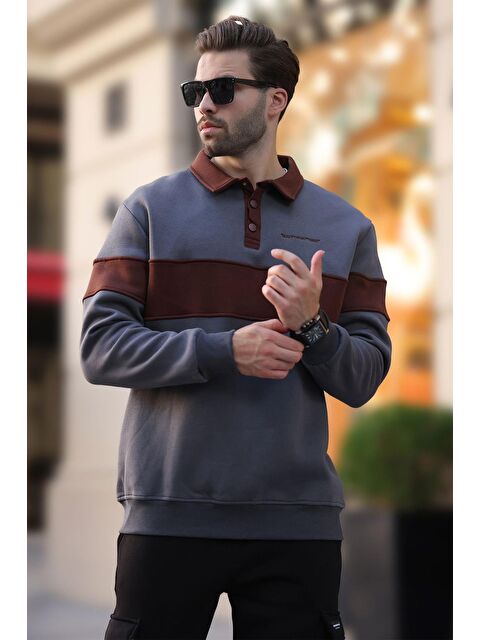 Madmext Füme Polo Yaka Renk Bloklu Erkek Sweatshirt 7072 - S000424251-33408