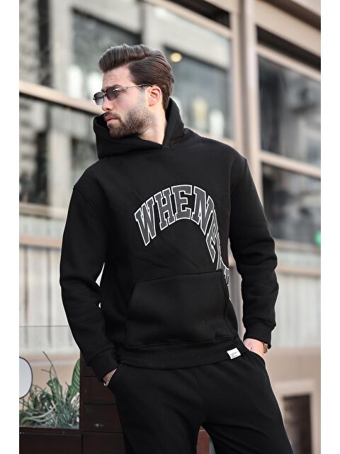 Madmext Siyah Kapüşonlu Baskılı Cep Detaylı Erkek Sweatshirt E7065 - S000424253-19351