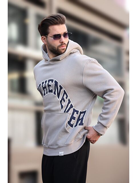 Madmext Boyalı Gri Kapüşonlu Baskılı Cep Detaylı Erkek Sweatshirt E7065 - S000424253-22875