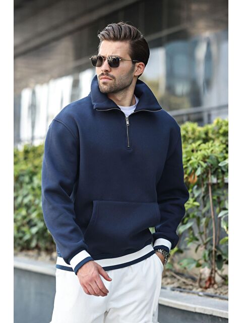 Madmext Lacivert Fermuarlı Dik Yaka Kanguru Cep Erkek Sweatshirt E7159 - S000424255-21164