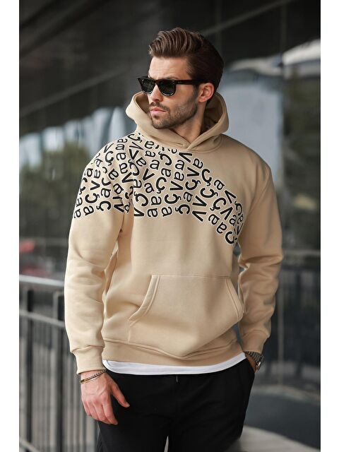 Madmext Bej Baskılı Kapüşonlu Erkek Sweatshirt E7160 - S000424254-19928