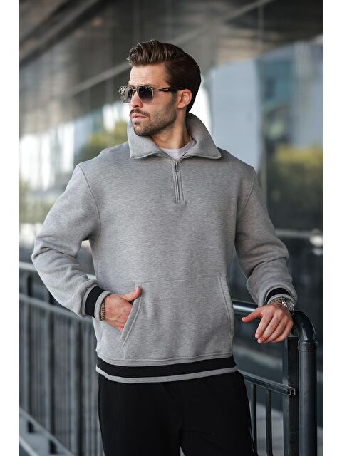 Madmext Grimelanj Fermuarlı Dik Yaka Kanguru Cep Erkek Sweatshirt E7159 - S000424255-74