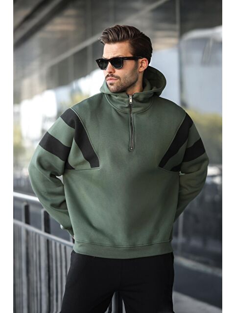 Madmext Haki Fermuarlı Yaka Kapüşonlu Erkek Sweatshirt E7161 - S000424256-18547