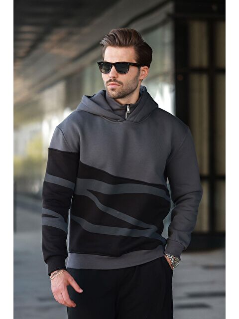 Madmext Füme Kapüşonlu Fermuar Yaka Desenli Erkek Sweatshirt E7162 - S000424258-33408