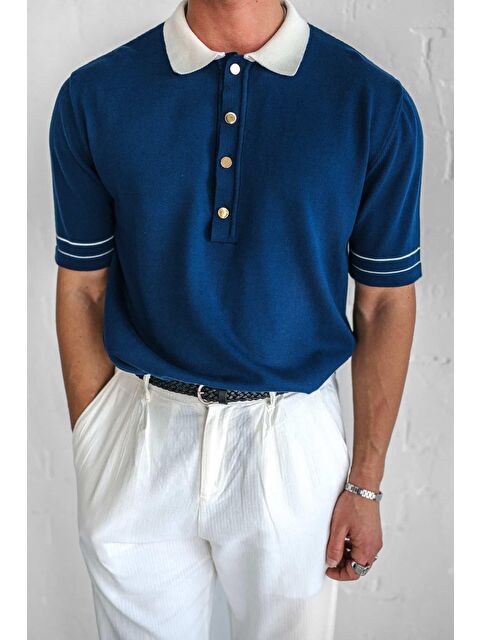 Abluka Online Erkek Kontrast Polo Yaka Premium Regular Fit Tişört Lacivert - S000365684-21164