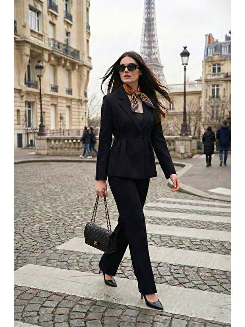 Lela Slim Fit Kruvaze Yaka Pileli Bele Oturan Kadın Takım 6928884