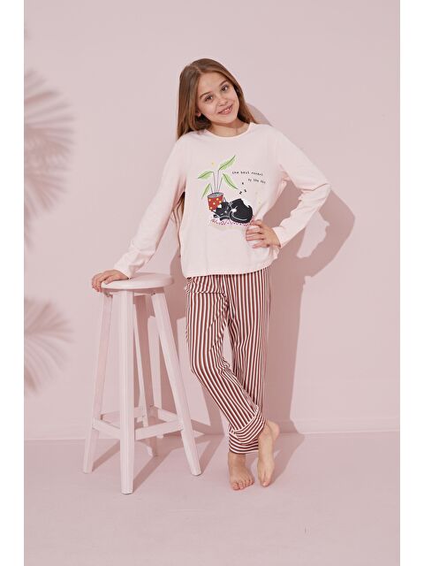 Siyah İnci Somon Baskılı Pamuklu Örme Pijama Takım 24241073 - S000245392-24085