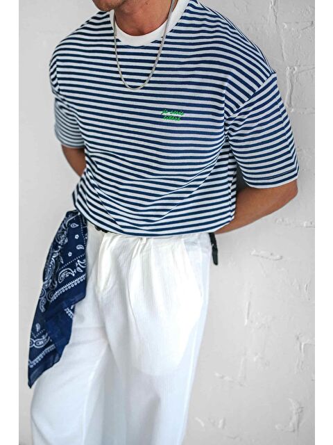 Abluka Online Erkek Oversize Çizgili Rahat Tişört Mavi - S000378102-17234