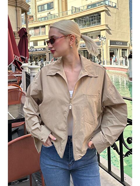 Madmext Camel Fermuarlı Cep Detaylı Oversize Kadın Ceket Mg2188 - S000436193-4557