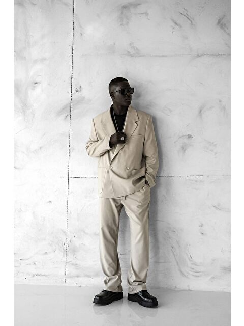 Abluka Online Erkek Kruvaze Düğmeli Oversize Takım Elbise Bej - S000378117-19928