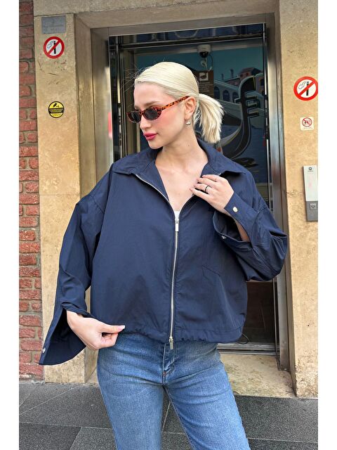 Madmext Lacivert Fermuarlı Cep Detaylı Oversize Kadın Ceket Mg2188 - S000436193-21164