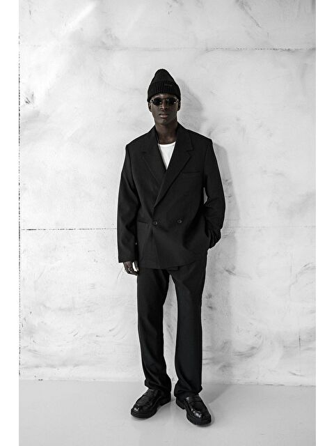 Abluka Online Erkek Kruvaze Düğmeli Oversize Takım Elbise Siyah - S000378117-19351