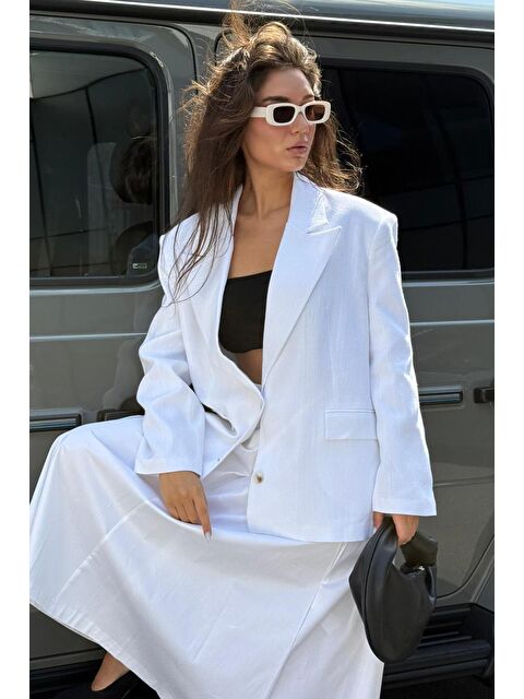 Madmext Beyaz Keten Blazer Kadın Ceket Mg2443 - S000436192-20063