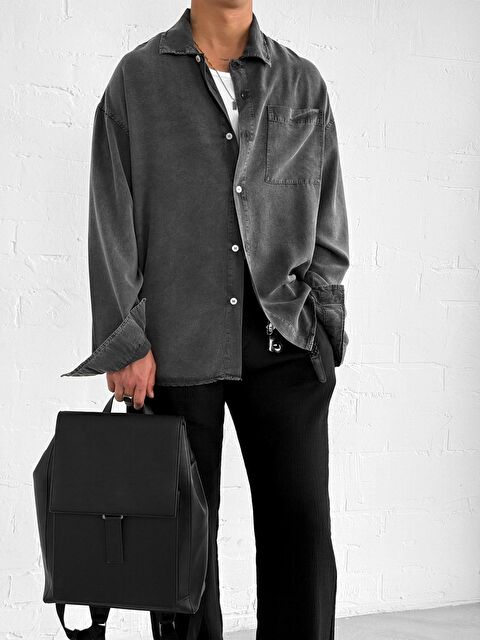 Abluka Online Erkek Oversize Yıkamalı Hafif Ve Nefes Alabilen Gömlek Siyah - S000365706-19351