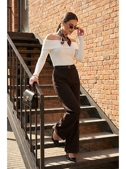 Lela Wide Leg Yüksek Bel Kıvırma Detaylı Bol Paça Kemerli Kadın Pantolon 6923841 - S000510322-19413