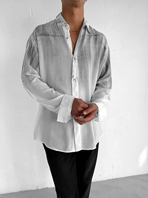 Abluka Online Erkek Uzun Kollu Desenli Oversize Gömlek Ekru - S000378118-19965