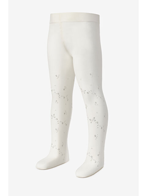 Le Mabelle Ekru Kelebek ve Çiçek Desenli Kız Çocuk Külotlu Çorap