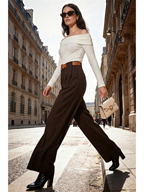 Lela Wide Leg Yüksek Bel Bol Paça Kemer Detaylı Kadın Pantolon 6923855 - S000510320-19413