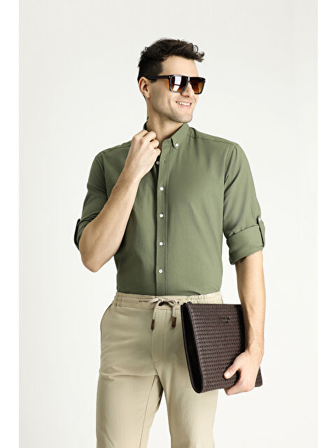 Kiğılı Uzun Kol Relax Fit Rahat Kesim Keten Görünümlü Pamuk Düğmeli Yaka %100 Pamuk Gömlek - S000404964-18547