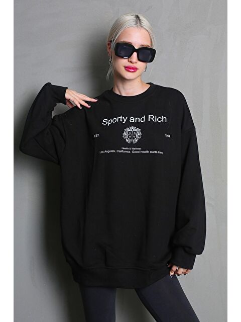 Madmext Siyah Bisiklet Yaka Baskılı Oversize Kadın Sweatshirt Mg1577 - S000030597-19351