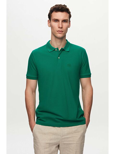 D'S damat Regular Fit Yeşil %100 Pamuklu Uzun Ömürlü Kıvrılmaz Polo Yaka Nakışlı T-Shirt - S000361582-18194