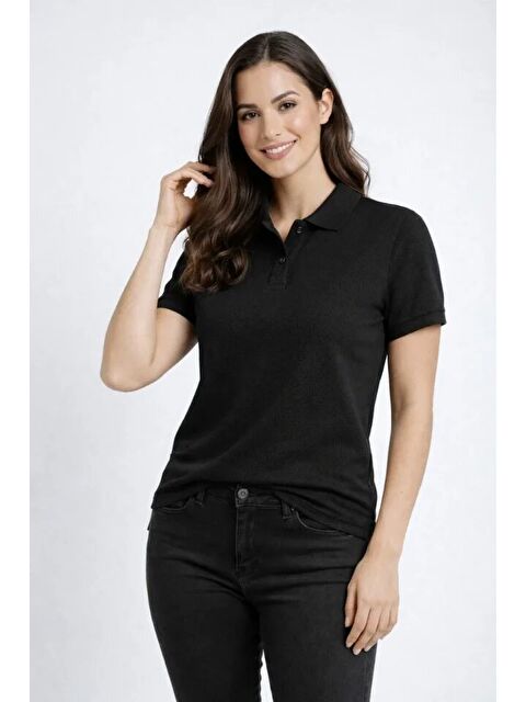 Jane's Pike Kumaş Düğmeli Yaka Regular Rahat Günlük Kısa Kol Tişört T-shirt - Siyah