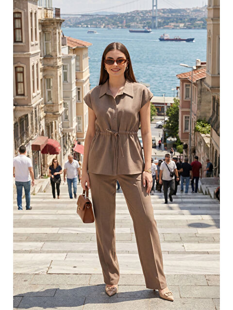 Lela Regular Fit Beli Büzgülü Kısa Kollu Kadın Takım 6928870 - S000510311-18547