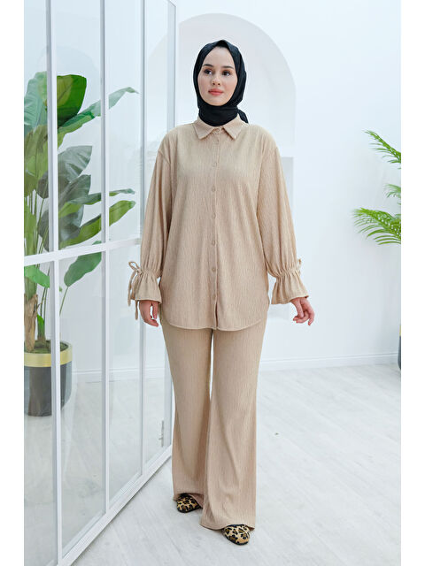 Locco Moda Kol Fırfır Detay Bürümcük İkili Takım Krem - S000332299-19966