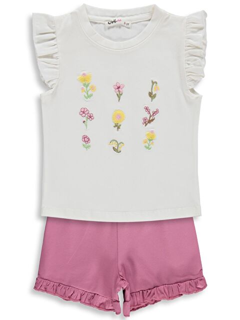 Civil Girls Çiçek Nakışlı 2-5 Yaş Takım - Ekru-Soft Pembe