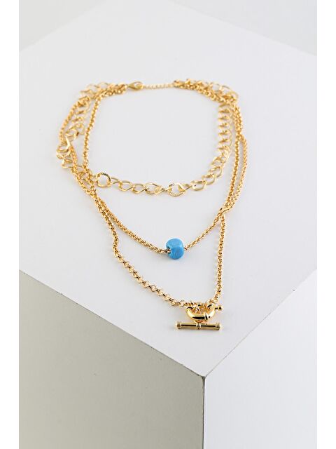 New Obsessions Mavi Nazar Boncuklu Dümen Uçlu Altın Rengi 3 Görünümlü Kadın Kolye - S000177162-37185
