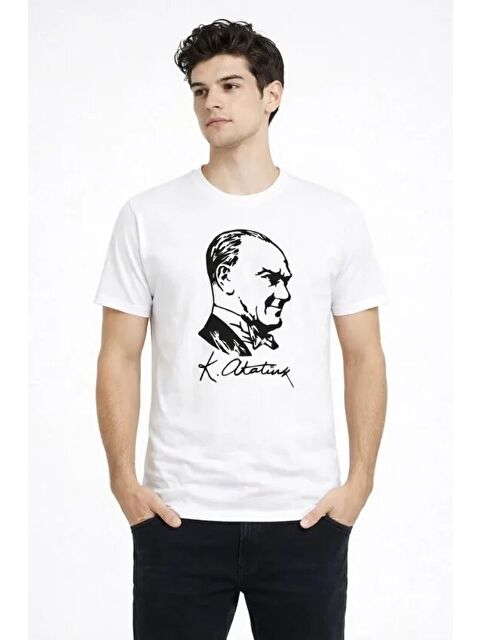 Jane's Erkek Atatürk Baskılı Tişört Kısa Kollu Bisiklet Yaka T-Shirt - Beyaz