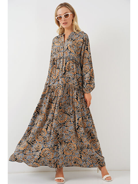 Bigdart 2423 Otantik Desenli Tesettür Elbise - A.Gri - S000342249-17308