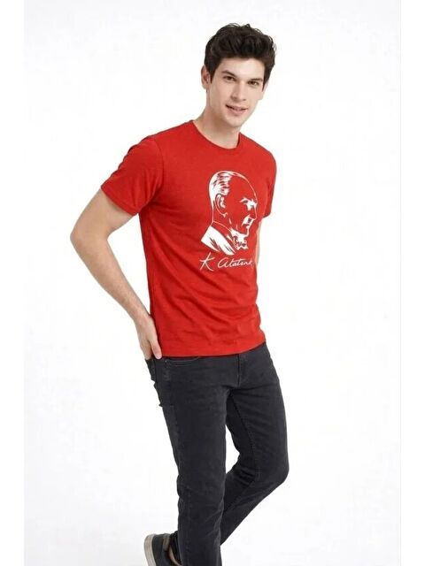 Jane's Erkek Atatürk Baskılı Tişört Kısa Kollu Bisiklet Yaka T-Shirt - Kırmızı