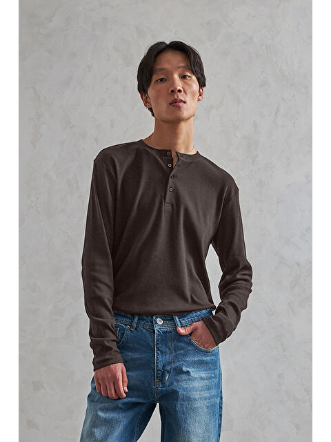 HYMAN Erkek Henley Yaka Düğmeli Penye Bluz - S000515251-19413