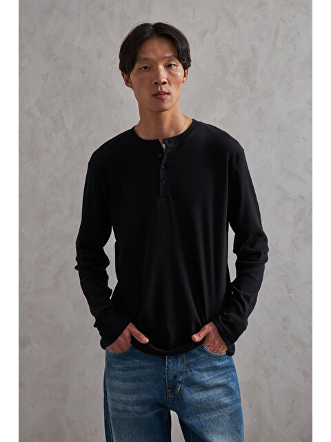 HYMAN Erkek Henley Yaka Düğmeli Penye Bluz - S000515251-19351