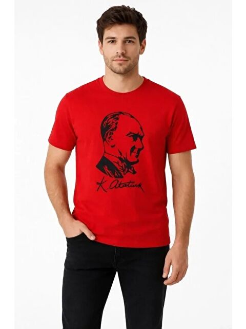 Jane's Erkek Atatürk Baskılı Tişört Kısa Kollu Bisiklet Yaka T-Shirt - Kırmızı