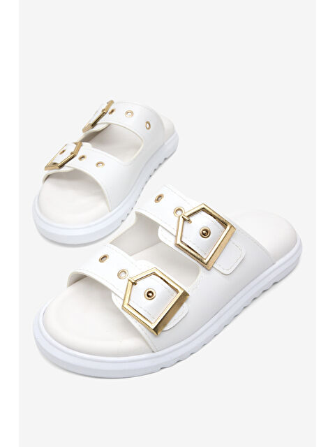 TONNY BLACK Kadın Beyaz Rahat Kalıp Çift Bantlı Toka Detaylı Terlik