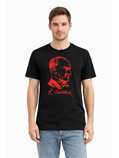 Jane's Erkek Atatürk Baskılı Tişört Kısa Kollu Bisiklet Yaka T-Shirt - Siyah