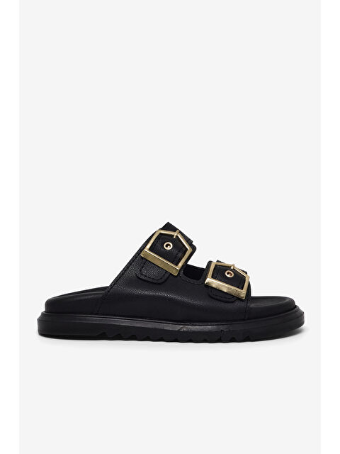 TONNY BLACK Kadın Siyah Rahat Kalıp Çift Bantlı Toka Detaylı Terlik