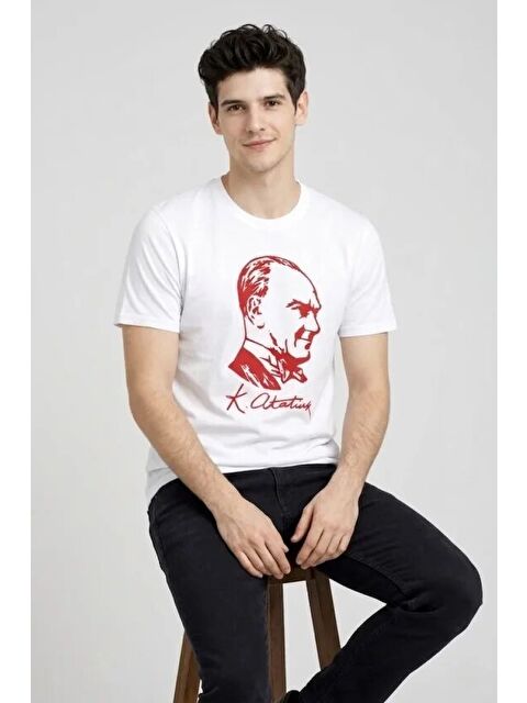 Jane's Erkek Atatürk Baskılı Tişört Kısa Kollu Bisiklet Yaka T-Shirt - Beyaz