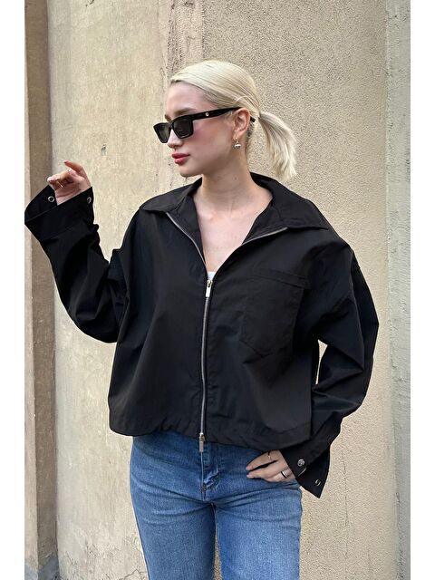 Madmext Siyah Fermuarlı Cep Detaylı Oversize Kadın Ceket Mg2188 - S000436193-19351