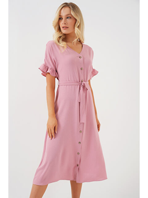 Bigdart Kadın Kısa Kol Düğmeli Elbise 2555 - Pudra - S000386751-23490