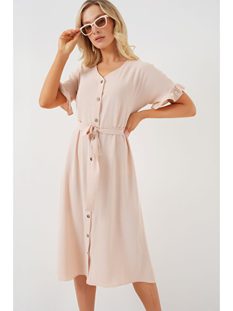 Bigdart Kadın Kısa Kol Düğmeli Elbise 2555 - Krem - S000386751-19966